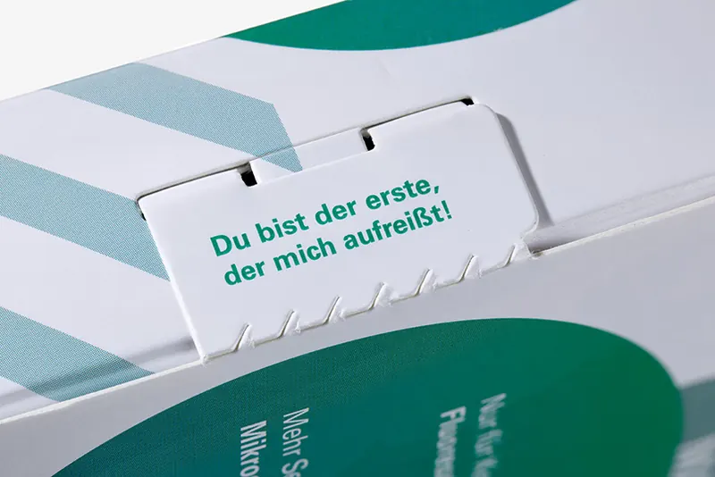 Sicherheitsmerkmal Erstöffnungsschutz auf einer Faltschachtel